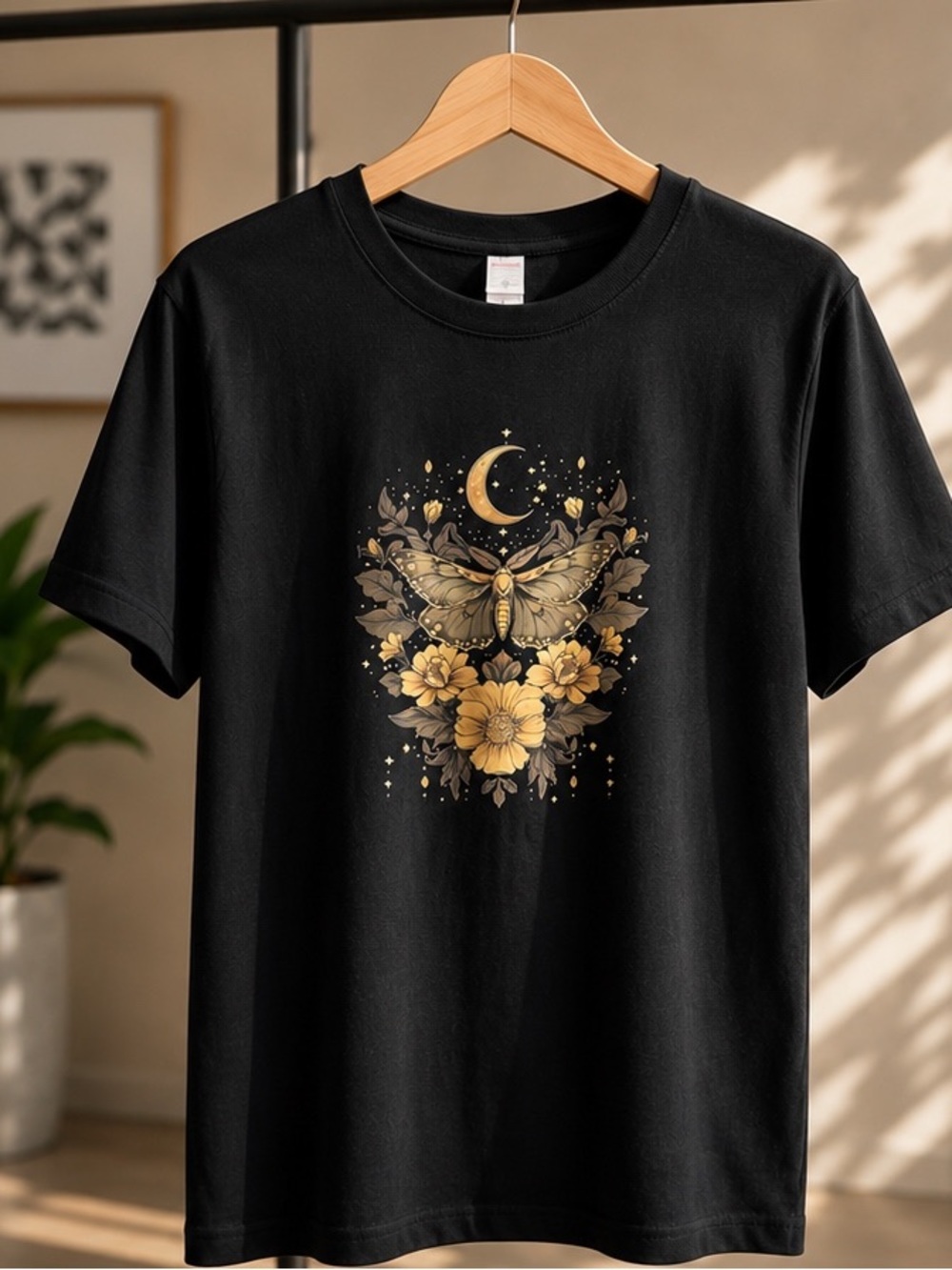 Men's Black Short-Sleeve Tee with Gold Moth & Crescent Design